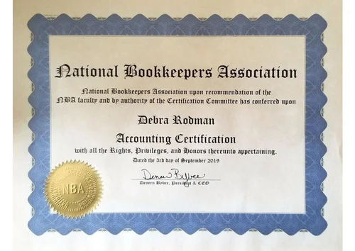 Certificate from the National Bookkeepers Association awarded to Debra Rodman for Accounting Certification, dated September 3, 2019, with a gold seal and official signatures.