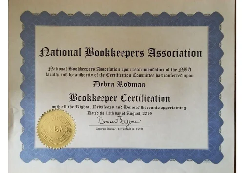 A bookkeeper certification certificate from the National Bookkeepers Association awarded to Debra Rodman, dated August 13, 2019, with a blue border and gold seal.