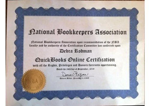 Certificate from the National Bookkeepers Association awarded to Debra Rodman for QuickBooks Online Certification, dated September 24, 2019, with a gold NBA seal.