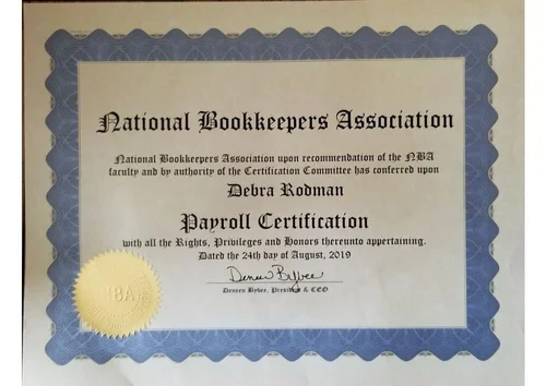 A National Bookkeepers Association Payroll Certification awarded to Debra Rodman, dated August 24, 2019, with an embossed seal and signature at the bottom.